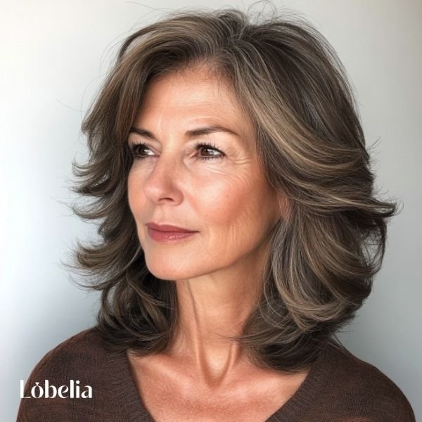 Woman over 60 with a shoulder-length shag hairstyle featuring choppy layers for a textured, tousled, and edgy look full of personality