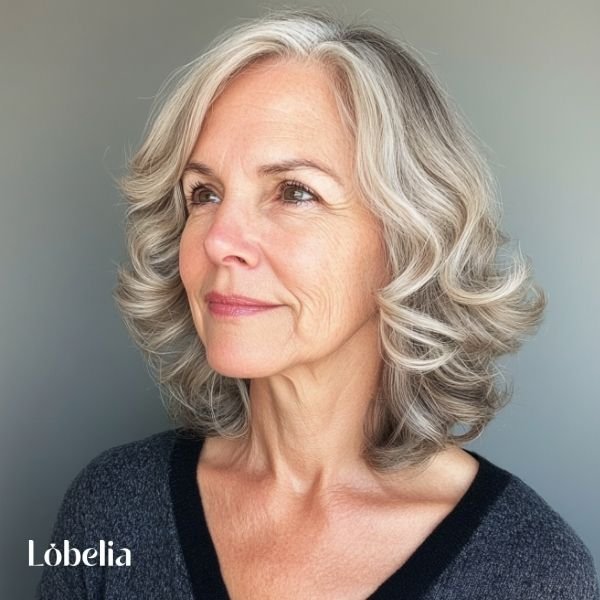 Woman over 60 with shoulder-length hair styled in soft curls, adding gentle waves and volume for a romantic, elegant, and lush look.