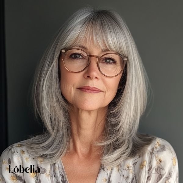 Woman over 60 with shoulder-length hair and a soft fringe, framing the face for a flattering, playful, and subtly sophisticated look.