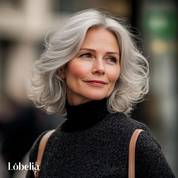 Woman over 60 with shoulder-length hair featuring textured ends for a soft, feathered effect, adding movement and a modern, versatile look.