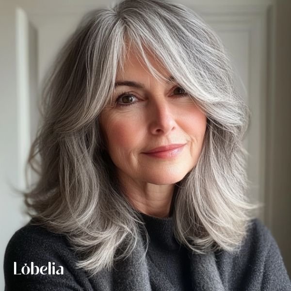 Woman over 60 with shoulder-length hair and curtain bangs, parted in the middle for a soft, flattering, and elegant look
