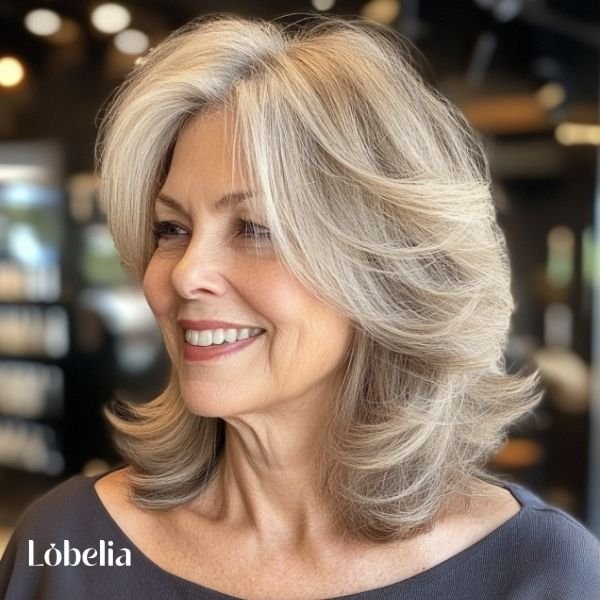 Woman over 60 with shoulder-length hair featuring face-framing layers that highlight her cheekbones and jawline for a flattering and stylish look.