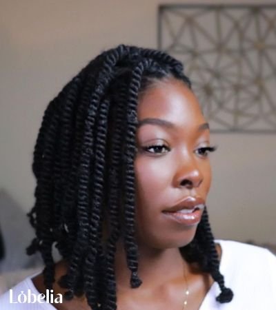 Shoulder Length Kinky Twists with Zig-Zag Parting