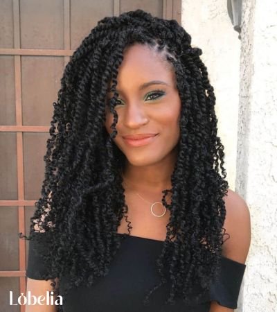 Shoulder Length Kinky Twists with a Side Part