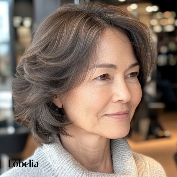 Woman over 60 with side-swept bangs and layered hair, adding depth, volume, and a balanced, sophisticated, and flattering look.