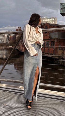 Silk Blouse and Long Denim Skirt