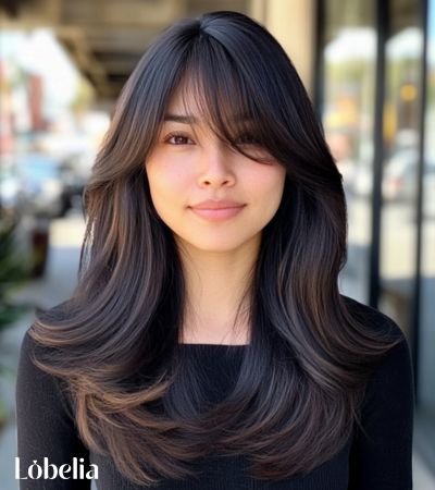 Woman with sleek long layered hair featuring see-through bangs, creating a soft and modern look with added volume.