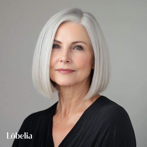 Woman over 60 with a sleek, straight lob hairstyle, just above the shoulders, exuding sophistication and modernity.
