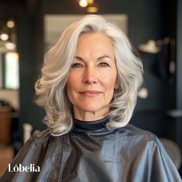 Woman over 60 with a smooth blowout, featuring sleek, shiny locks and a soft, frizz-free finish for a polished and glamorous look.