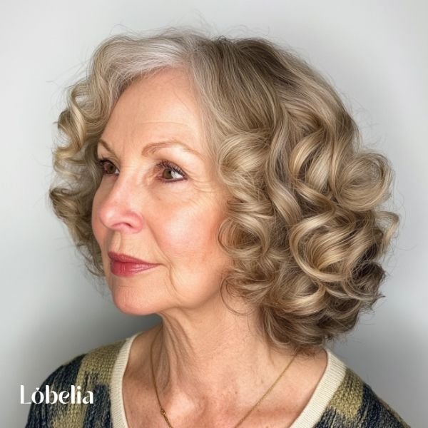 Woman over 60 with soft curls and a side part, enhancing volume and flow, creating a romantic, elegant, and chic look.
