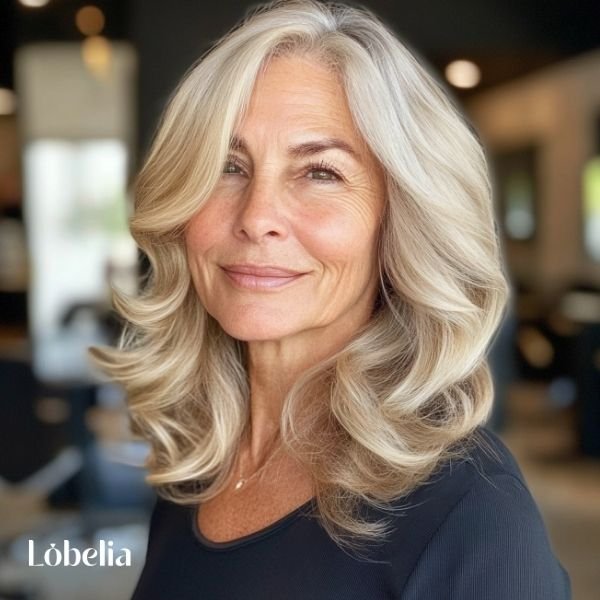 Woman over 60 with soft waves and layered hair, adding dimension, volume, and a smooth, romantic, and elegant look