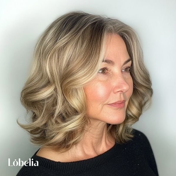 Woman over 60 with subtle ombre waves, featuring a gradient from darker roots to lighter ends for a soft, sun-kissed, and radiant look.