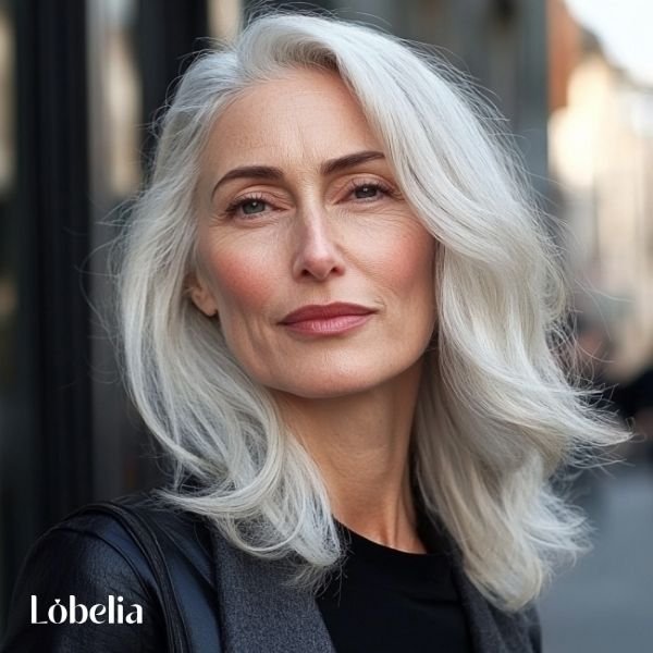 Woman over 60 with subtle waves and a side part, adding volume, movement, and a flattering silhouette for a relaxed, chic look.