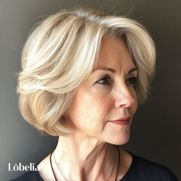 Woman over 60 with a textured, layered bob hairstyle, adding volume, dimension, and a lively, playful look to her hair.