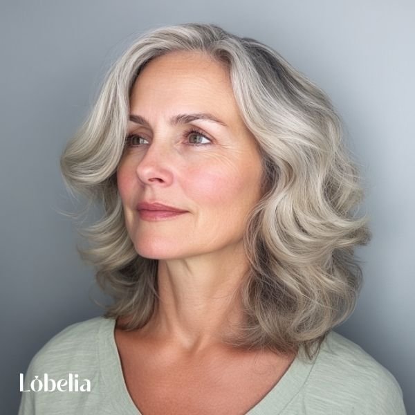 Woman over 60 with tousled beach waves, creating a carefree, relaxed, and bohemian look for a free-spirited, youthful appearance.