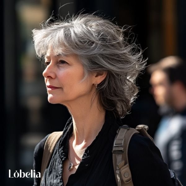 Woman over 60 with tousled shoulder-length hair featuring soft, natural waves for a relaxed, carefree, and bohemian chic look.