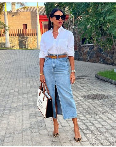 Tucked-In Blouse with Long Denim Skirt