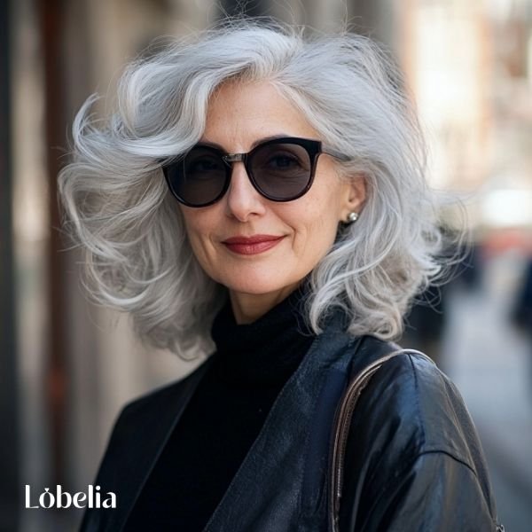 Woman over 60 with voluminous waves, featuring big, bold waves that add fullness and body for a luxurious, glamorous look.