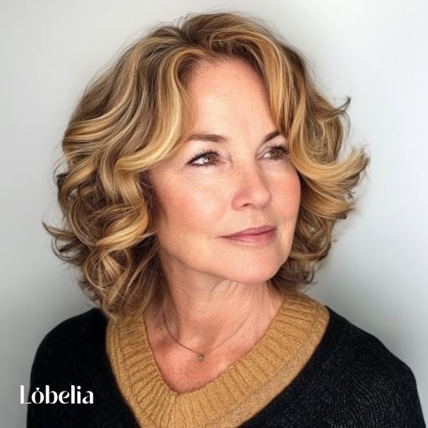 Woman over 60 with a wavy lob and highlights, adding a sun-kissed glow, depth, and a beachy, youthful charm to her hair.