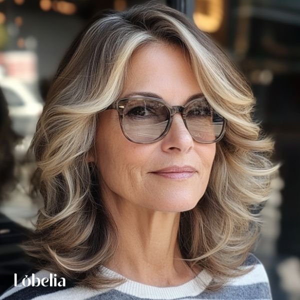 Woman over 60 with wavy shoulder-length hair and highlights, adding depth, dimension, and a fresh, vibrant, and youthful look.