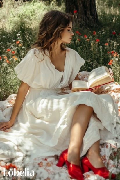 White Maxi Dress With Red Mary Janes for picnic