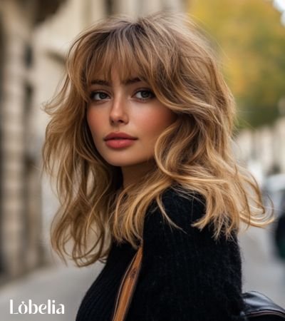 woman with wispy bangs and fine hair. The haircut features soft layers that add volume and texture to thin hair.