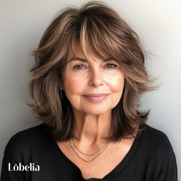 Woman over 60 with wispy bangs and layered hair, featuring a soft, feathered effect and added texture for a light, breezy look.