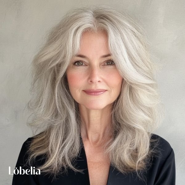 Woman over 60 with wispy layers on medium-length hair, adding a delicate, airy touch for a soft, ethereal, and fuller look.