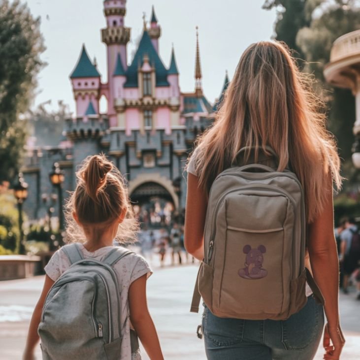a woman carrying medium-sized backpack walking inside disneyland with her daughter