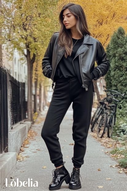 a woman wearing a black sweatpants With a Black Leather Jacket & Peep Toe Booties