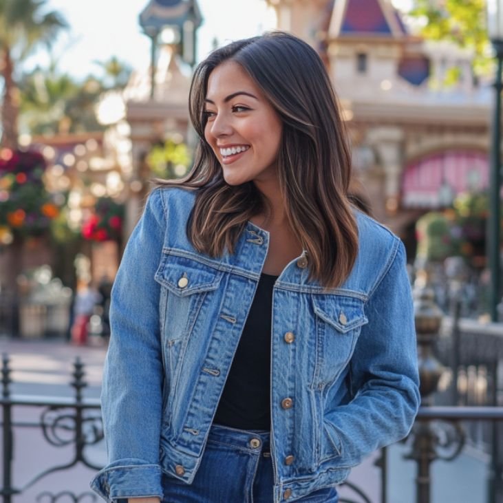 a woman wearing lightweight jean jacket at disneyland