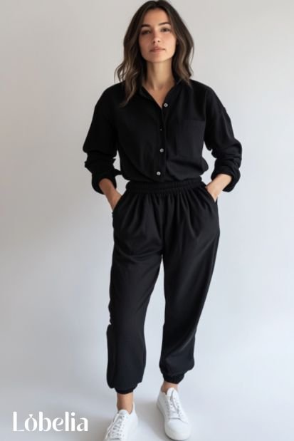 black sweatpants With Button-Up Shirt