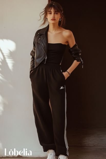 black sweatpants With One Shoulder Top and a Leather Jacket