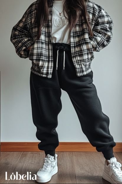 black sweatpants With Plaid Jacket and White Sneakers