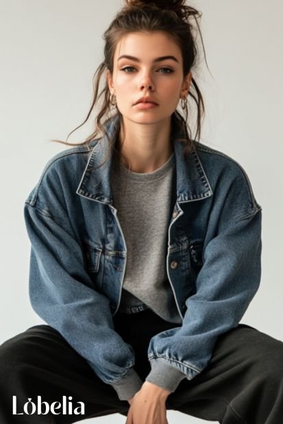 black sweatpants With a Grey Sweater & Denim Jacket