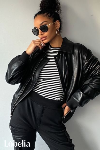 black sweatpants With a Horizontal Striped Tee & Black Leather Jacket