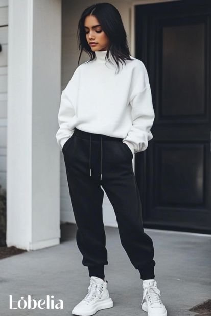 black sweatpants With a White High Neck Sweater & Ankle Boots