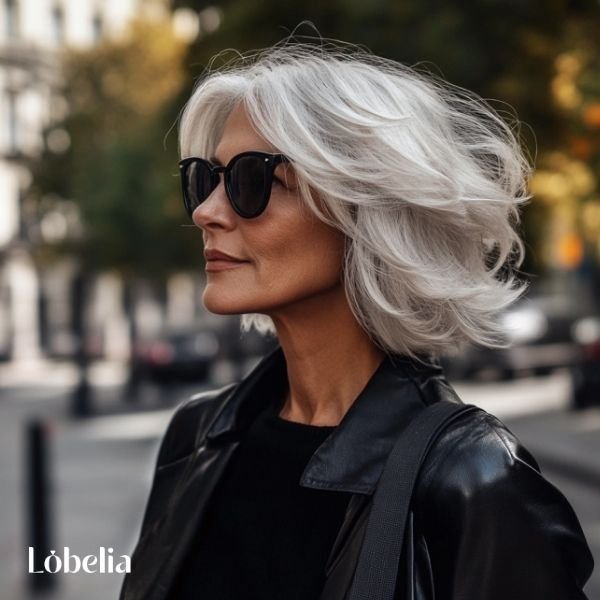 Woman over 60 with a textured lob featuring choppy layers for a tousled, dynamic, and modern look, adding volume and a youthful vibe.