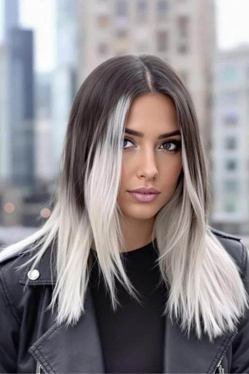 Platinum Blonde Money Piece on Dark Brown Hair