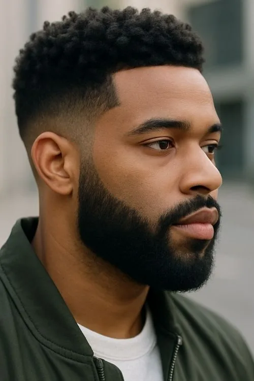 23. Curly Temple Fade + Beard Combo