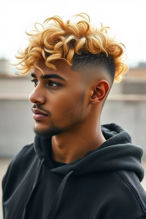 Blonde Curly Top with Burst Fade for Men