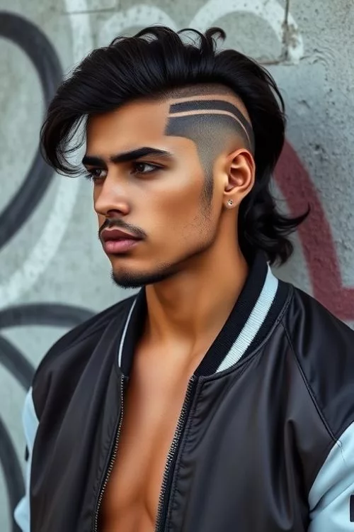 Burst Fade Mullet with Double Lines for Men