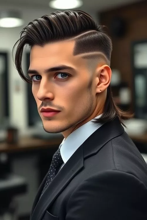 Burst Fade Mullet with Hard Part for Men
