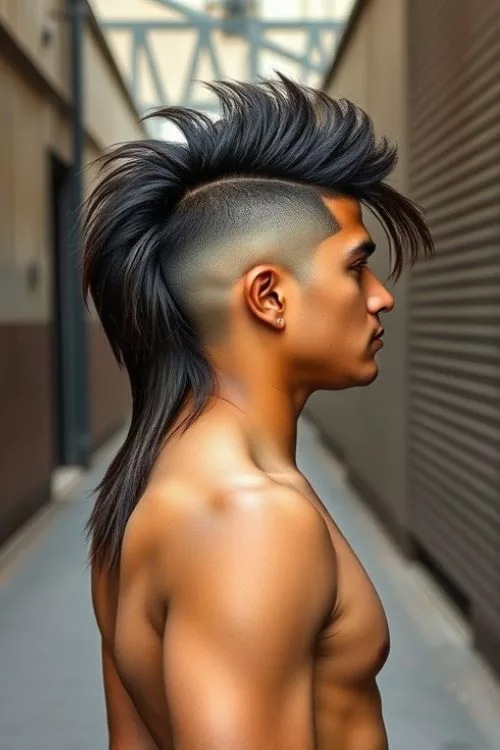 Burst Fade Mullet with Shaved Sides for Men