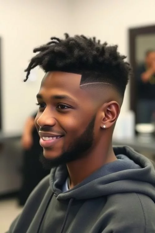 Burst Fade with Line-Up and Curls for Men