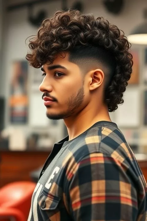 Curly Mullet with Burst Fade for Men
