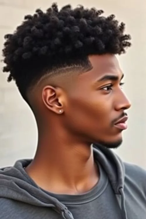 Low Burst Fade with Curls on Top for Men