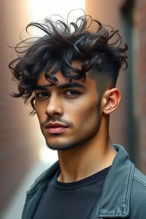 Messy Curls and Clean Burst Fade for Men
