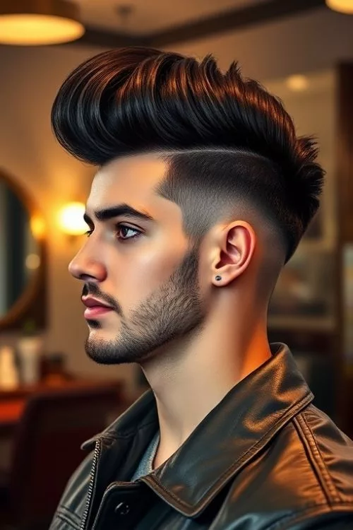 Pompadour Fade with a Low Burst Finish for Men