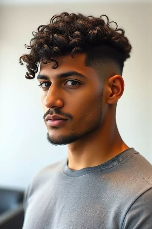 Side-Parted Curls and Burst Fade for Men